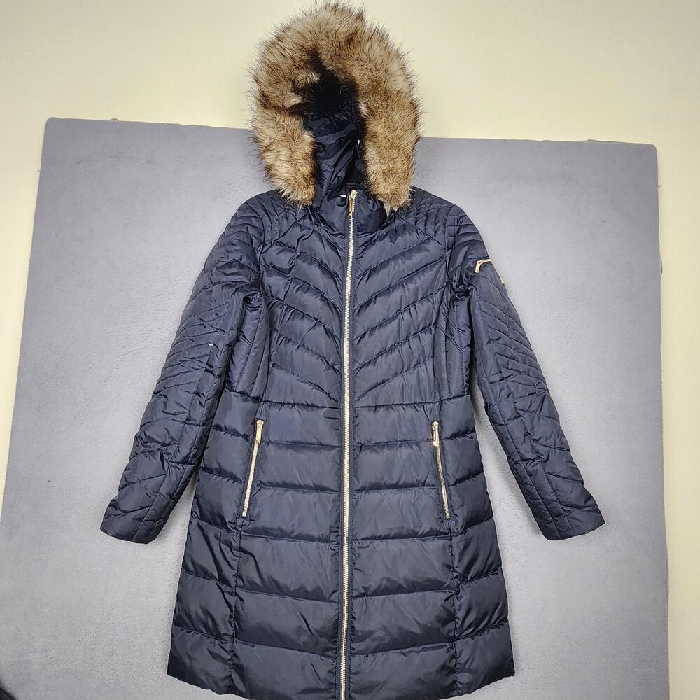 Michael Michael Kors Coat Womens Medium Blue Down Puffer Faux Fur Hood Long Zip